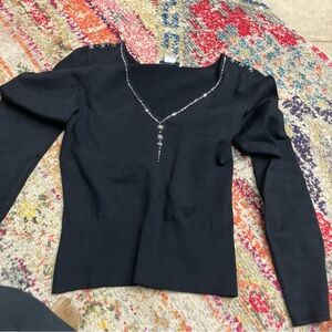 Cache Silk Blend Beaded Sweater Top Black Ribbed Waist Size L